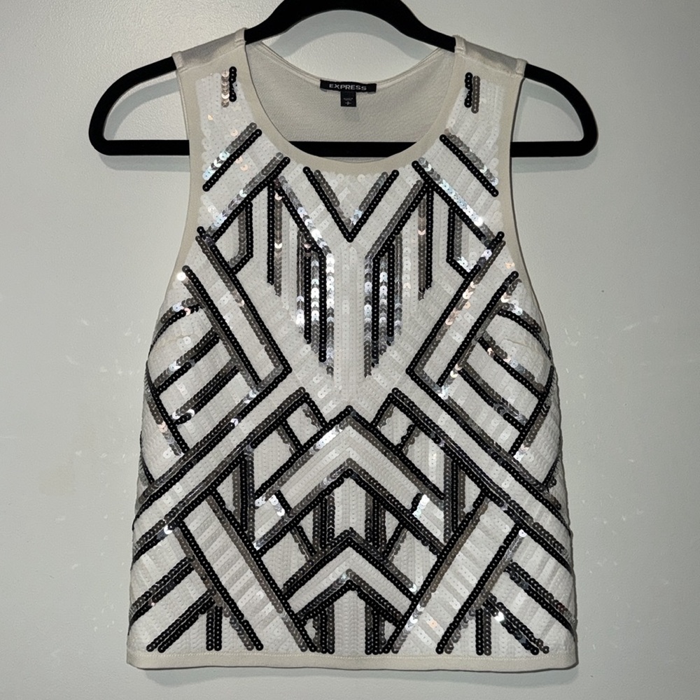 Express White and Silver Sequin Tank Top